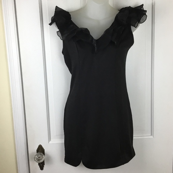 Black Mini Dress | V-Neck with Ruffle - Picture 1 of 6